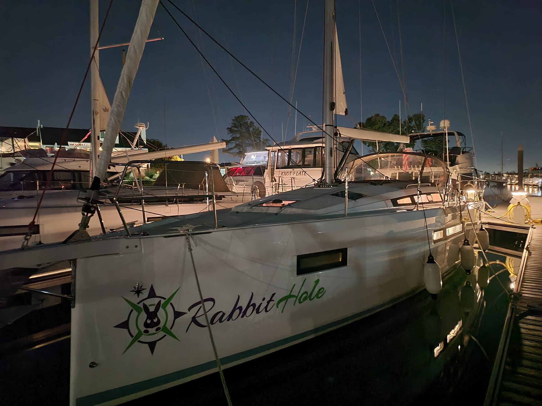 SV Rabbit Hole at the marina at dusk