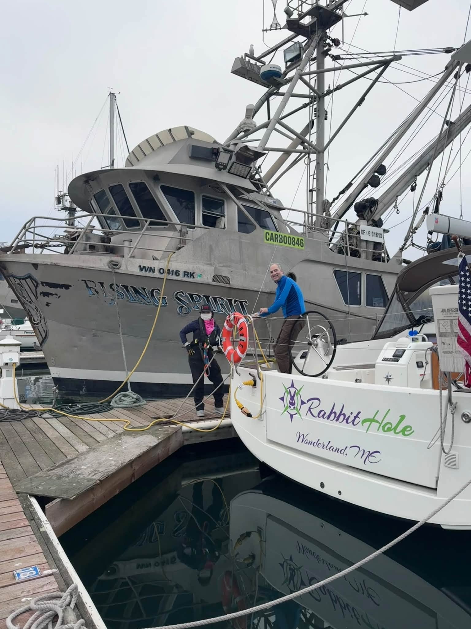 SV Rabbit Hole docked alongside the fishing vessel Rising Spirit
