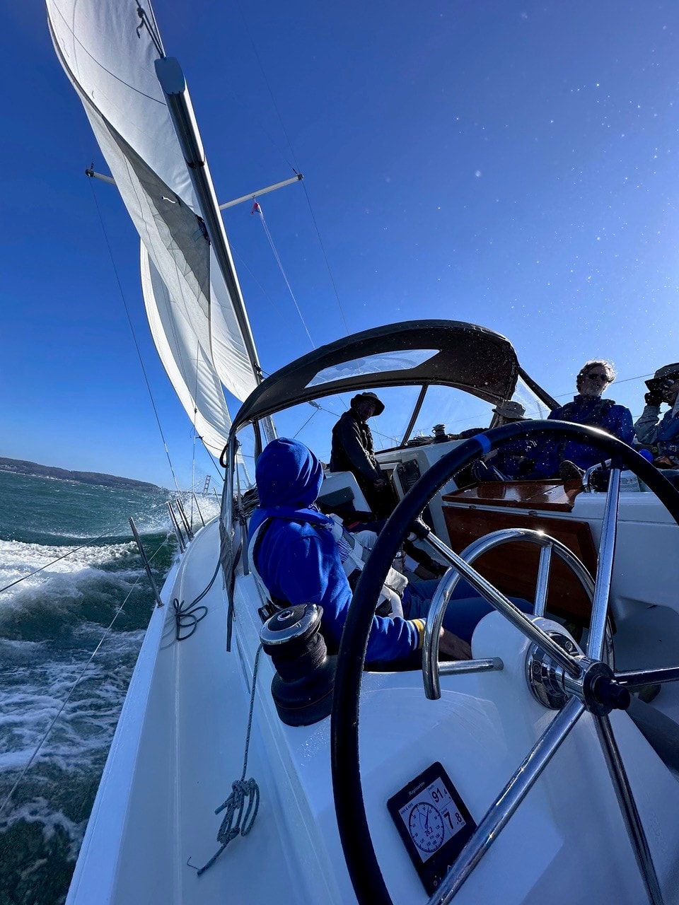 SV Rabbit Hole sailing with the Golden Gate Bridge in the fog