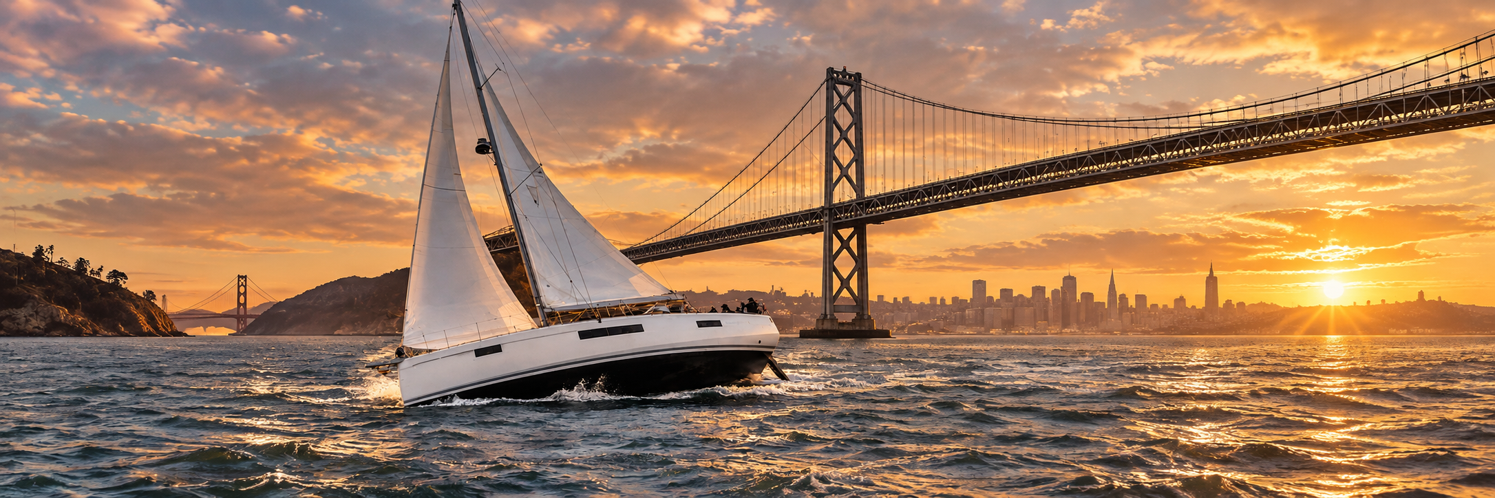 Sailboat under the Bay Bridge at golden sunset