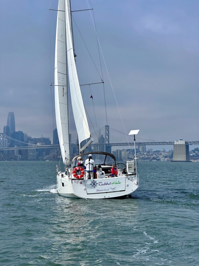 SV Rabbit Hole on San Francisco Bay with city skyline